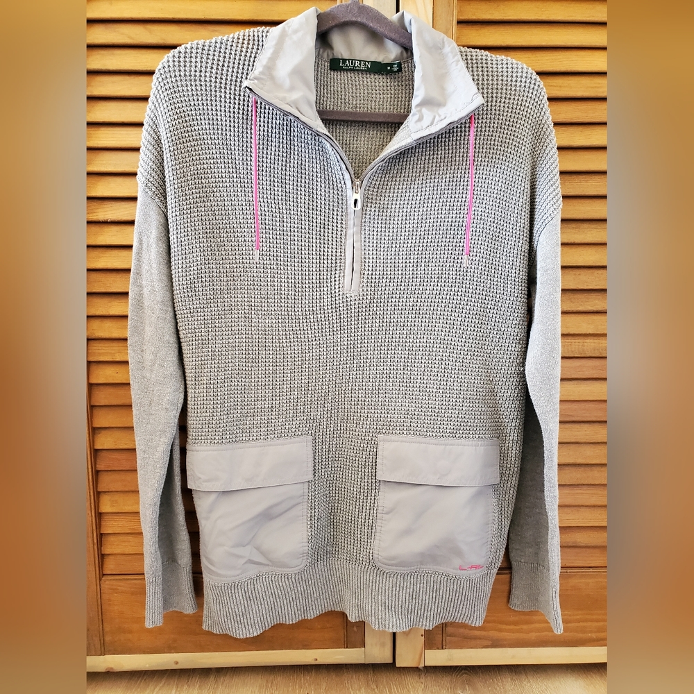 RALPH LAUREN LRL Women's Sz M Gray Sweater Pickets Drawstring 1/4 Zip EUC